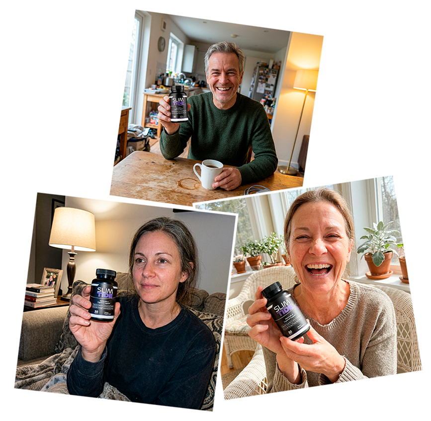 Real SlimTide customers holding supplement bottles and sharing weight loss results