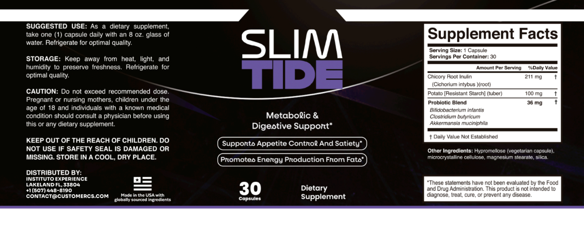 SlimTide complete supplement facts label showing all ingredients and dosages